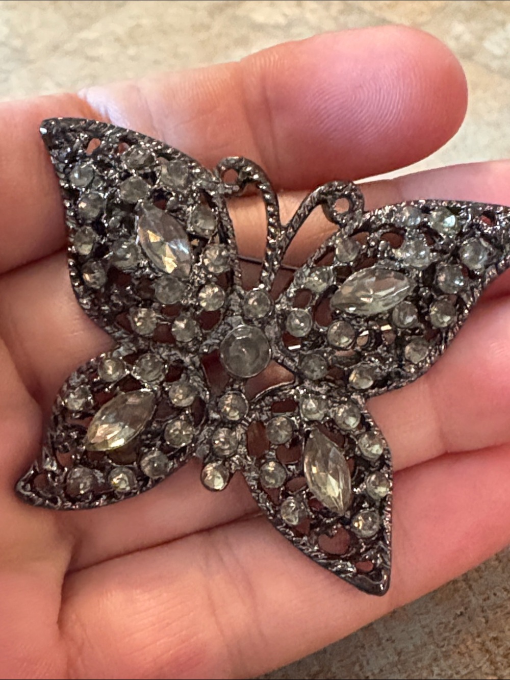 Large Vintage Crystal Butterfly Brooch - Gunmetal and Clear Stones